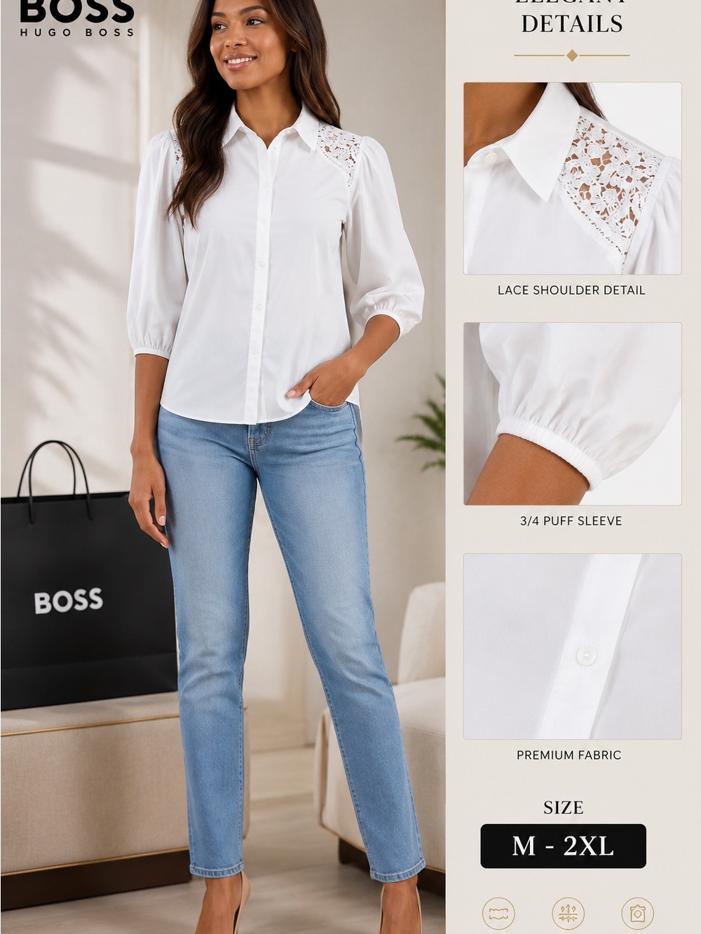 BOSS White Cotton Button-Down Blouse with Lace Shoulders